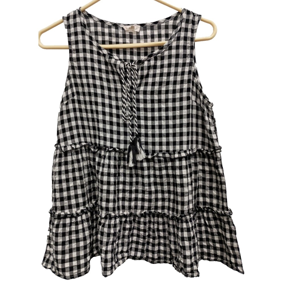 Hem & Thread BOHO Top Wolmens Small Black White Plaid Tiered Sleeveless Beach